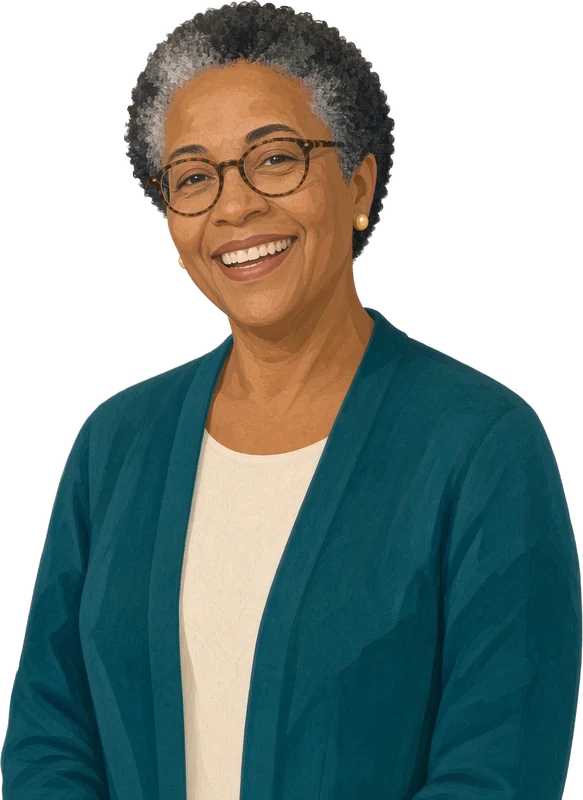 Illustration of Denise, a food pantry director, laughing
