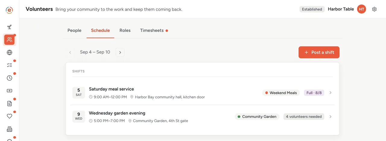 Ember Volunteers schedule, a rolling week of shifts with one Saturday shift marked Full and two on the waitlist