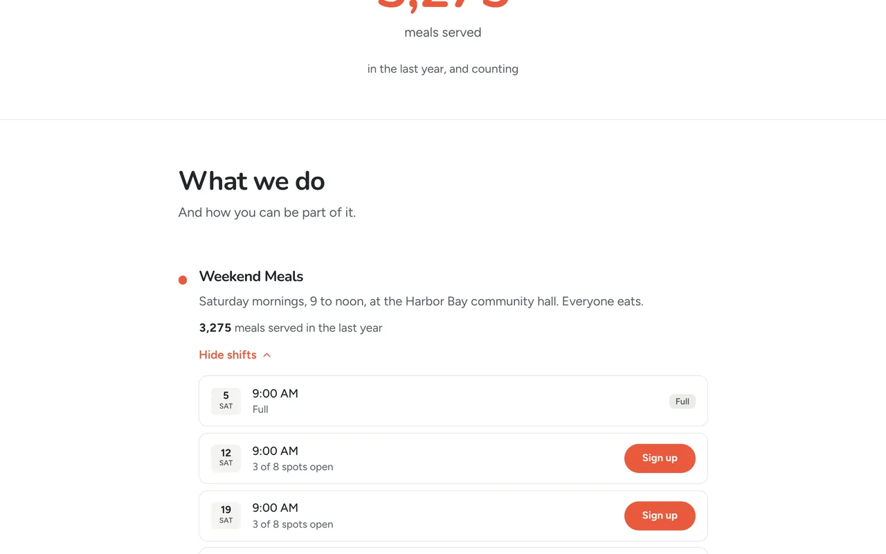 The public Weekend Meals program card on an Ember public page with the next three Saturday shifts and their Sign up buttons