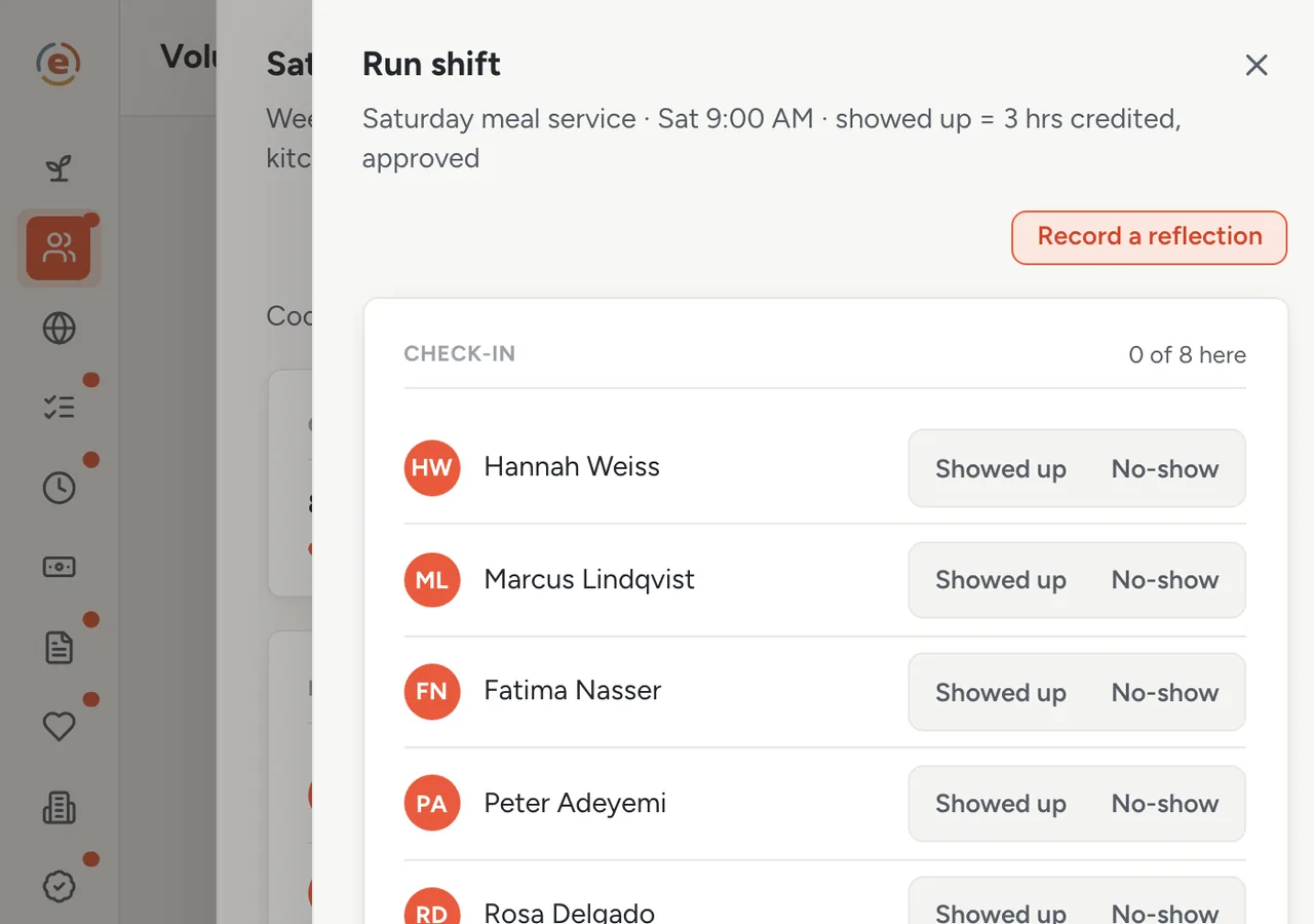 Ember Volunteers, the Run shift view with check-in toggles for each signed-up volunteer and a walk-up search box