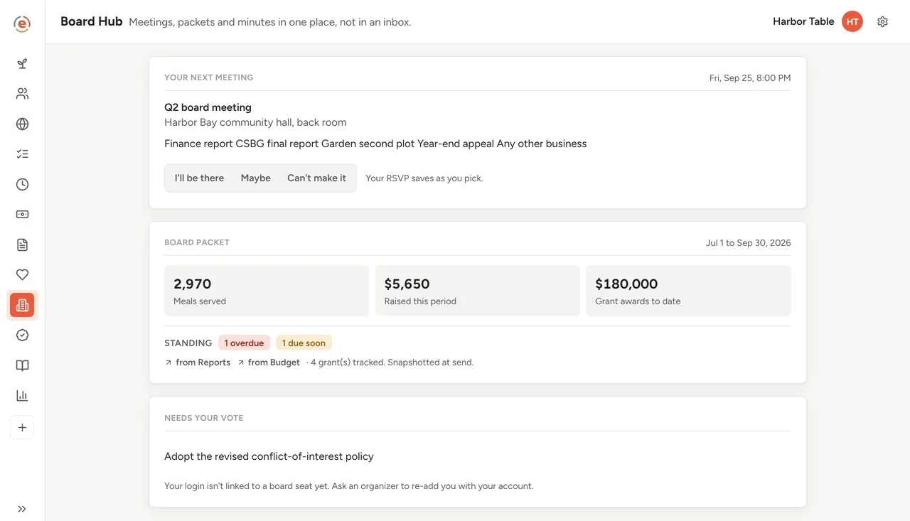 A board member's view in Ember Board Hub: Your next meeting with RSVP buttons, the Board packet card and Needs your vote