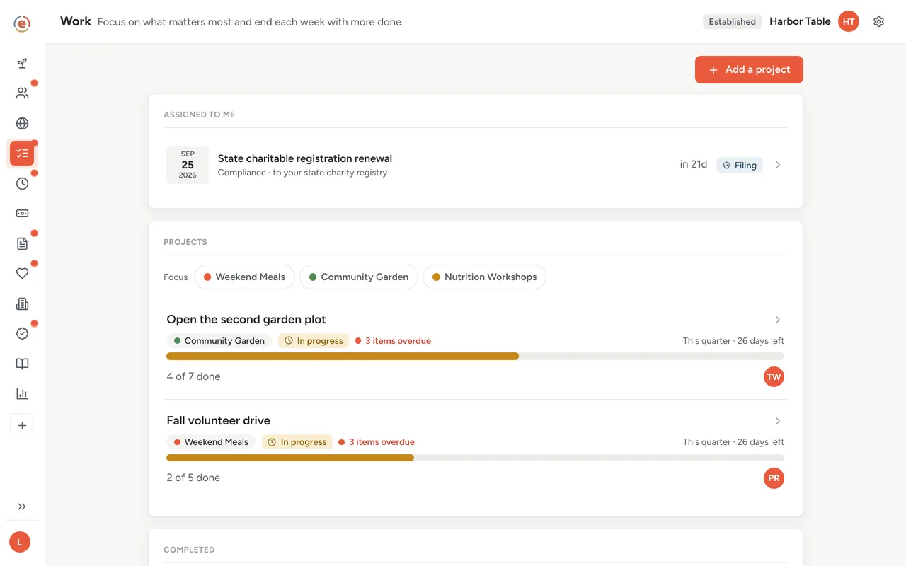 Ember Work, the Assigned to me card with a filing listed first above three open tasks