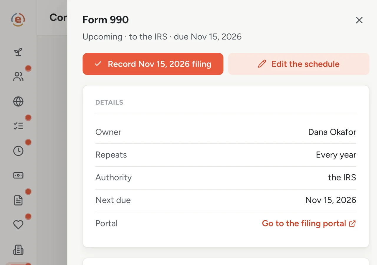 The Form 990 filing detail in Ember Compliance with owner, authority, next due, the Before you file checklist and filing history