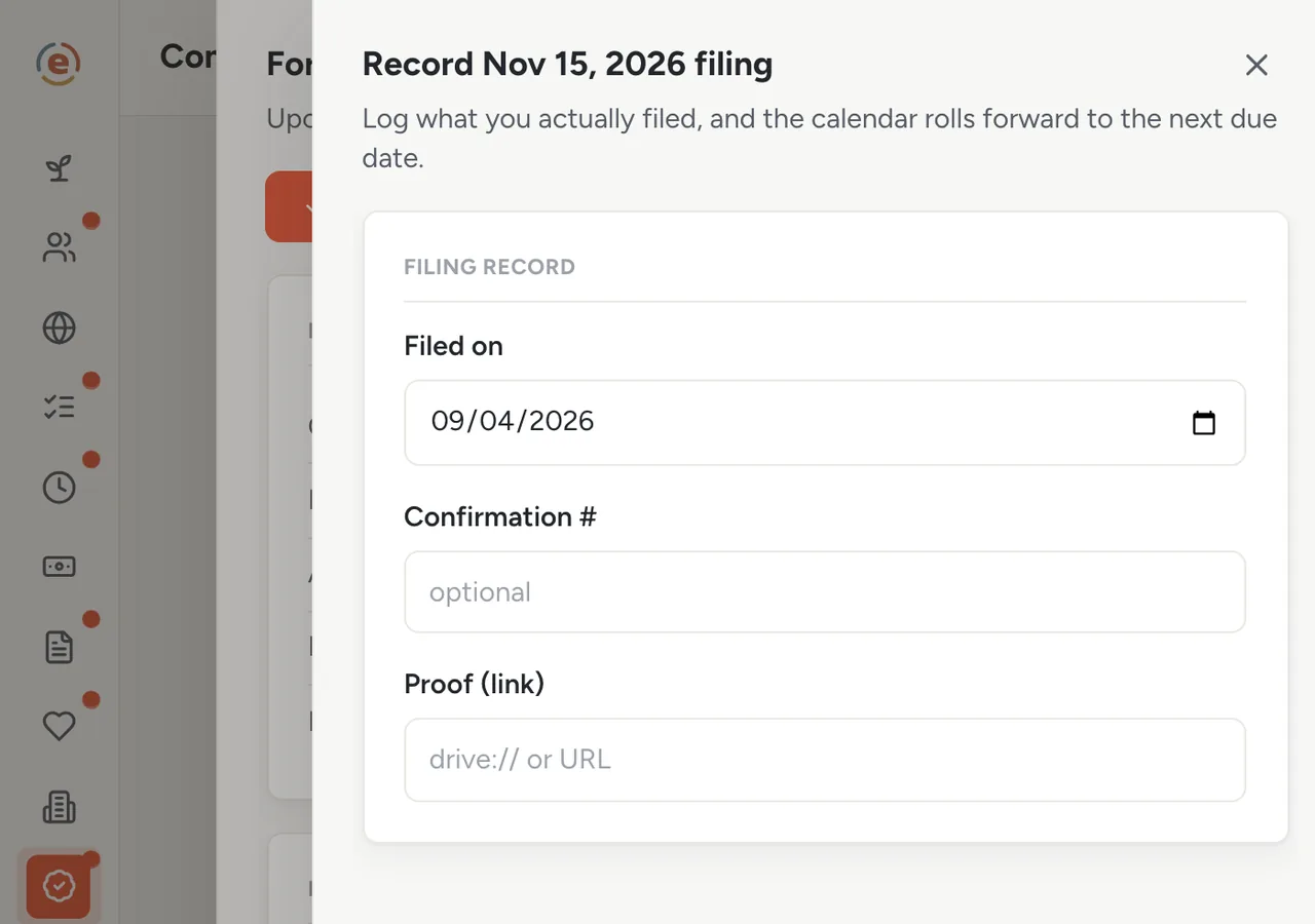 The Record filing sheet with Filed on, Confirmation number and Proof link fields