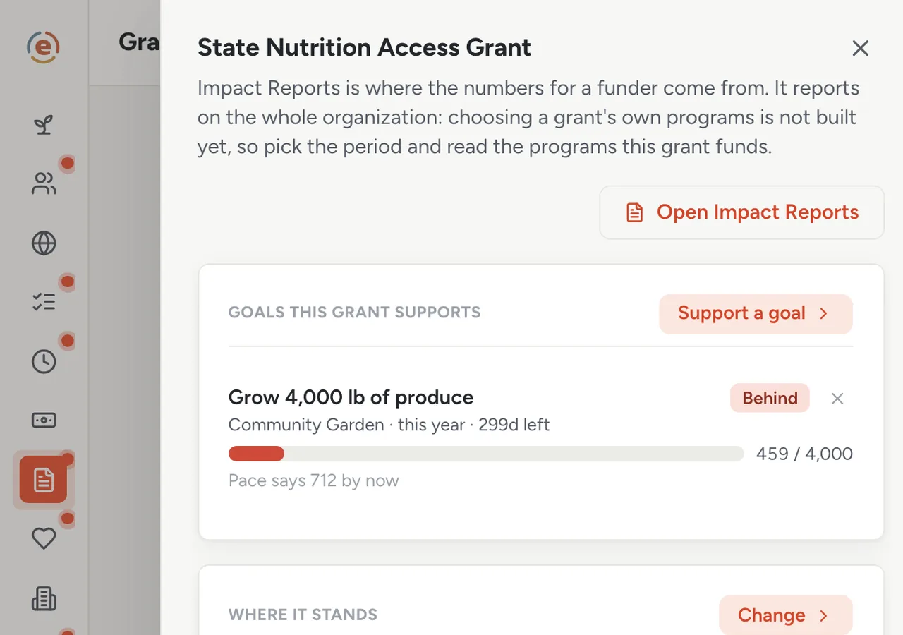 Ember Grants, the state grant's detail with its report deadlines and the program goal it supports
