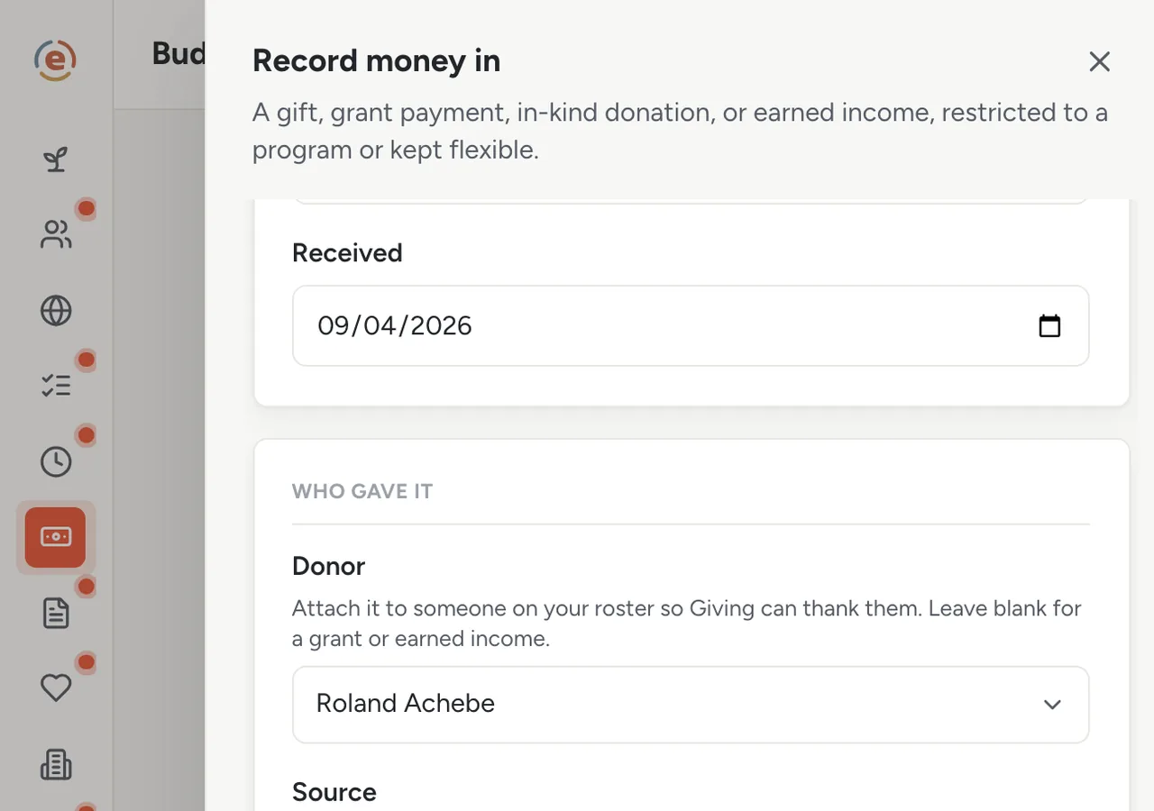 Ember Budget, the Record money in sheet with a cash gift, a donor name and the restriction set to a program