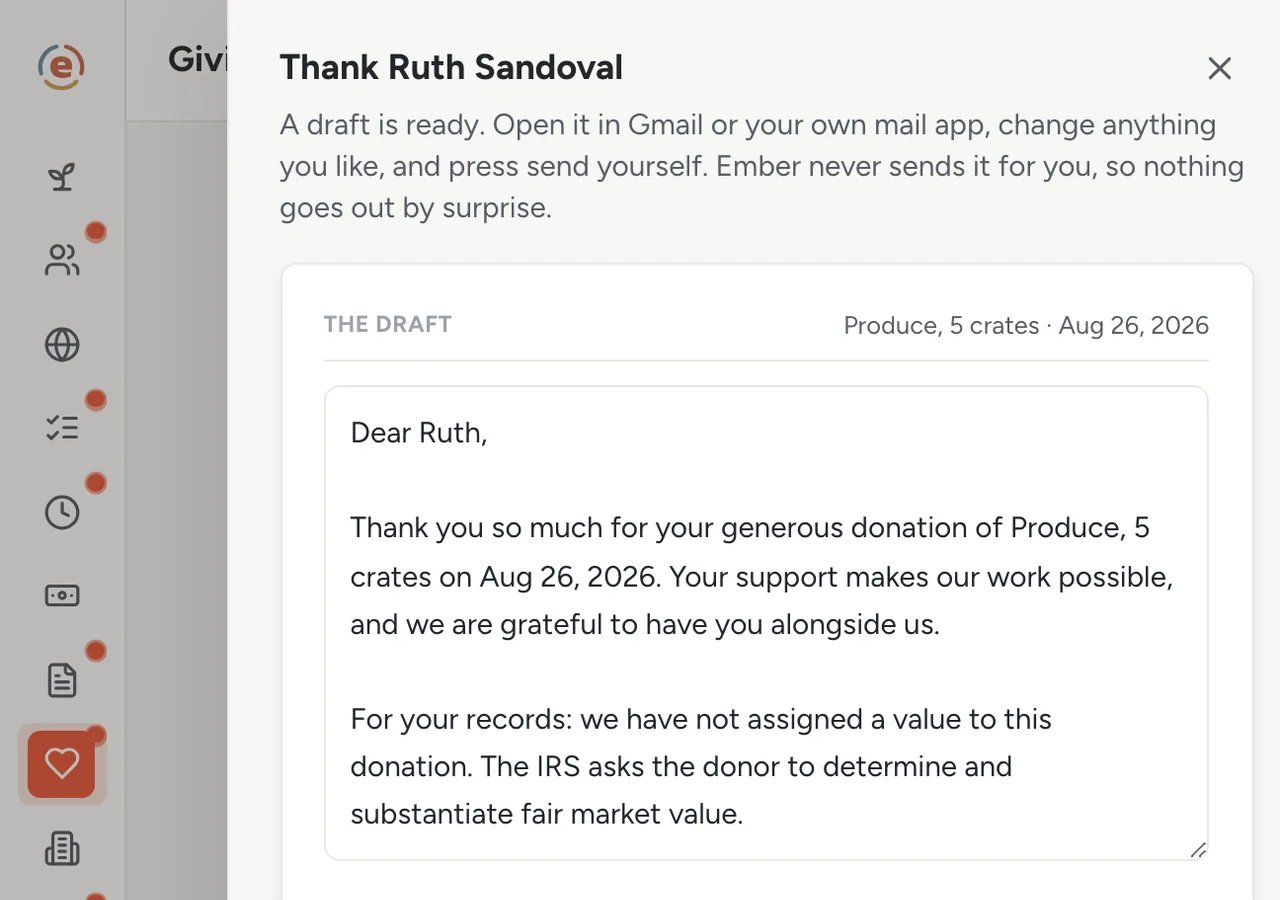 The Thank sheet in Ember Giving with a written draft, Write it in Gmail and Use my mail app buttons, and a method picker