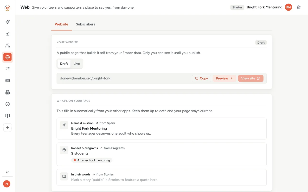 Ember Web, the Your website panel in Draft with the empty-page warning and the URL row