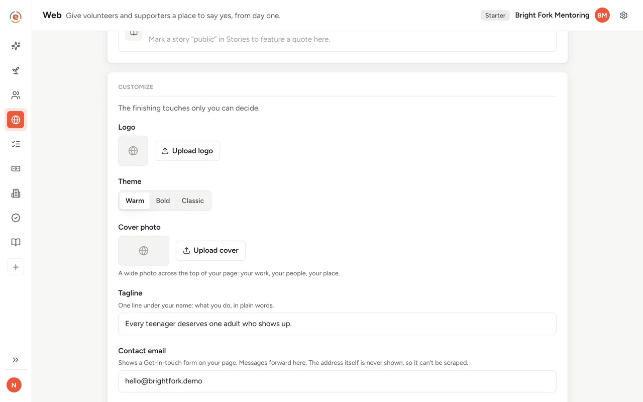 The Customize panel in Ember Web with logo, theme, tagline, brand color, donate link and social links
