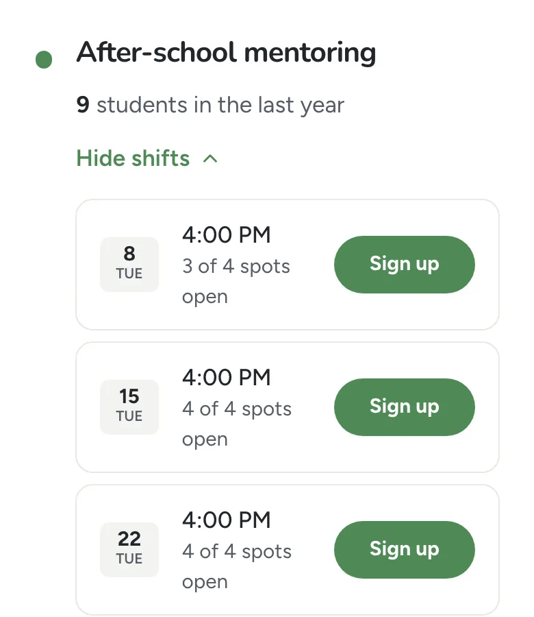 The public page on a phone showing the program card with Tuesday's shift and a Sign up button