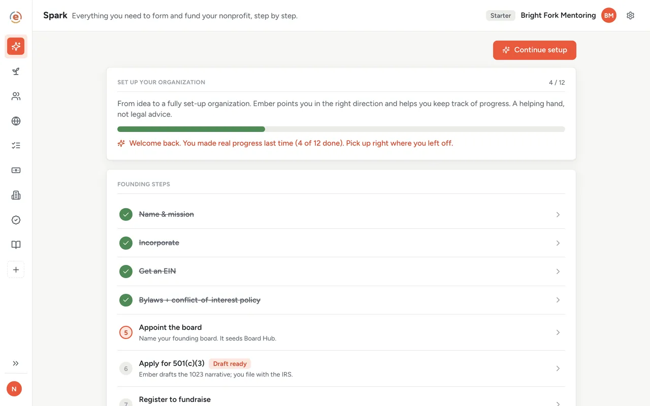 Ember Spark, the founding checklist with four of twelve steps done and Draft ready badges on two