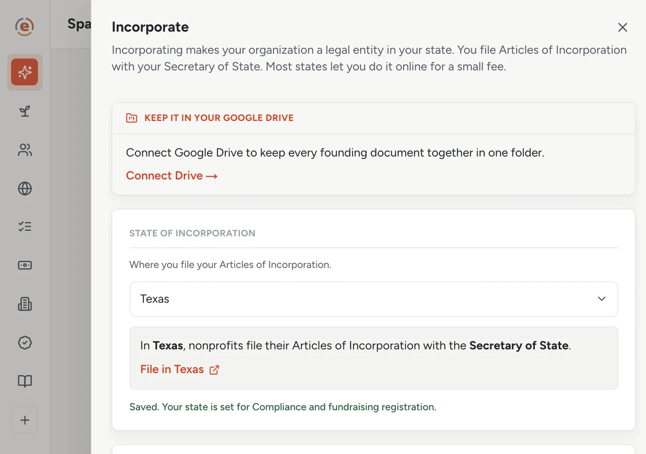 The Incorporate step in Ember Spark with the state picker set to Texas and the File in Texas link