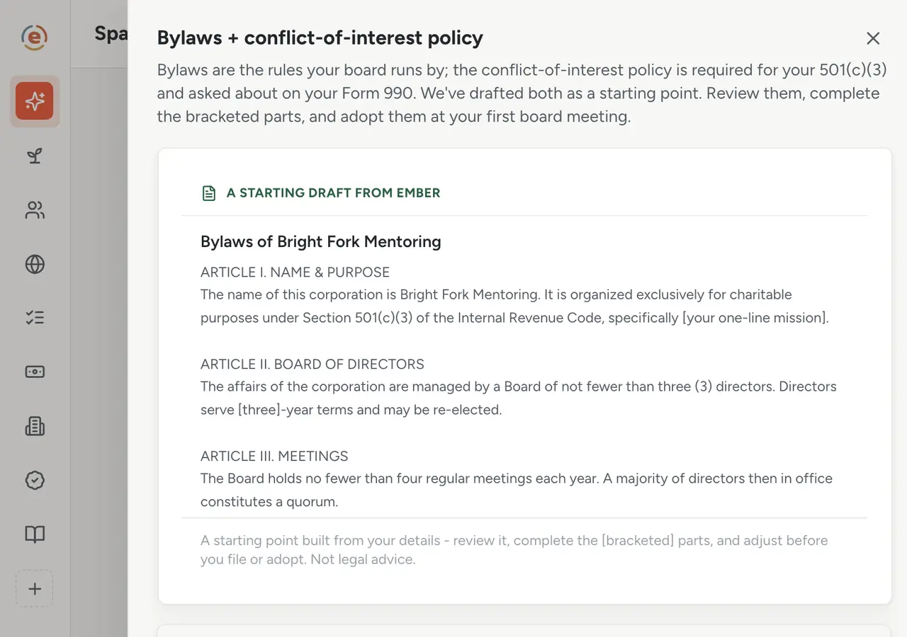 The Bylaws step in Ember Spark with the inline starting draft and the Adopt and mark done button