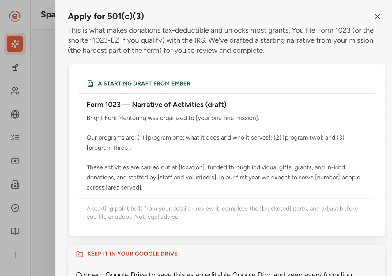 The Apply for 501(c)(3) step with the Narrative of Activities starting draft and the IRS Form 1023 link