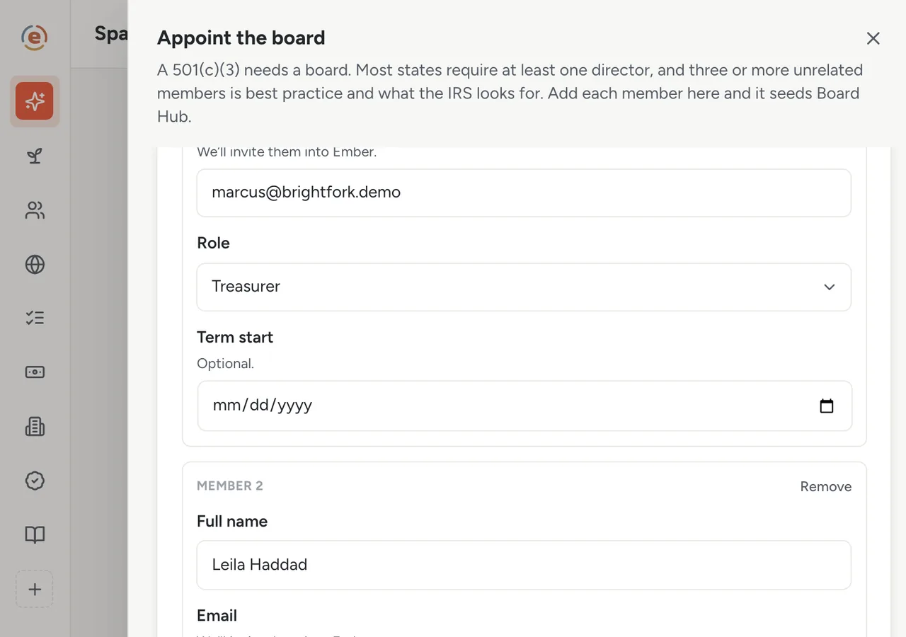 The Appoint the board step in Ember Spark, entering a board member's name, email, role and term start