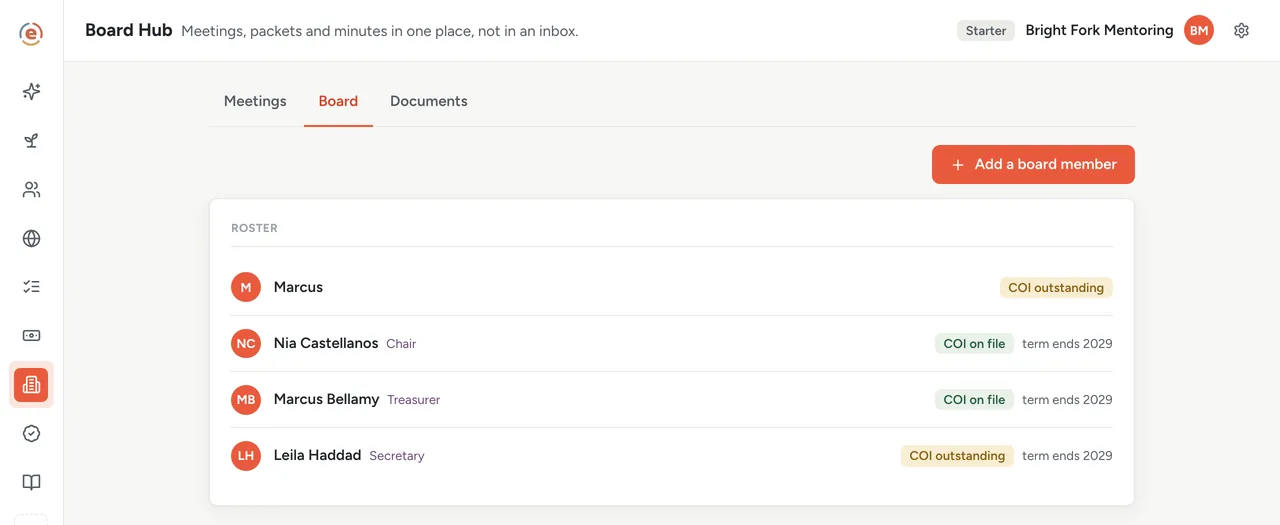 Ember Board Hub, the Board tab roster with three seats, their officer roles, term ends and COI outstanding badges