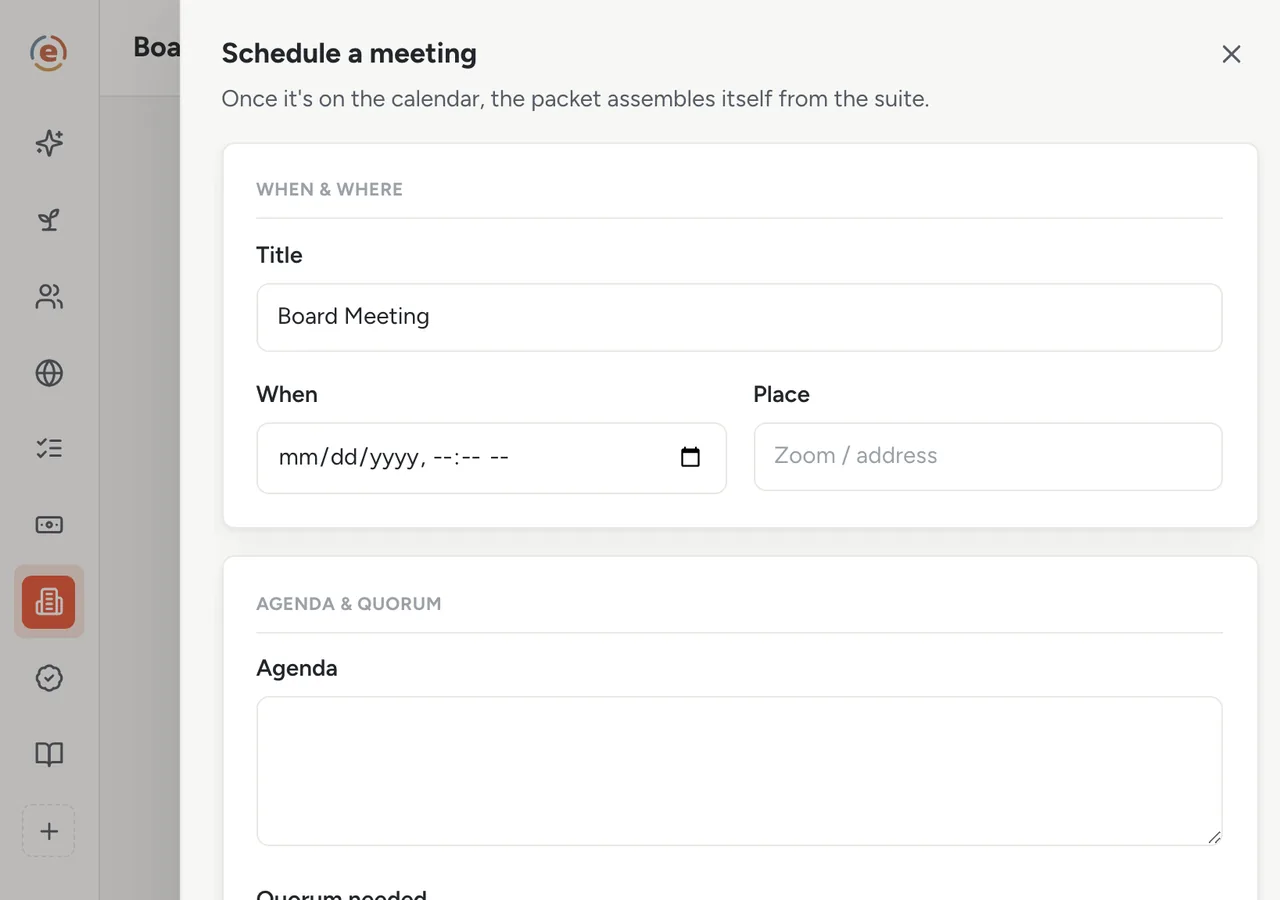 The Schedule a meeting sheet in Ember Board Hub with title, date, place, agenda and quorum defaults