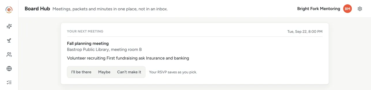 A new board member's first view in Ember Board Hub with Your next meeting and RSVP buttons