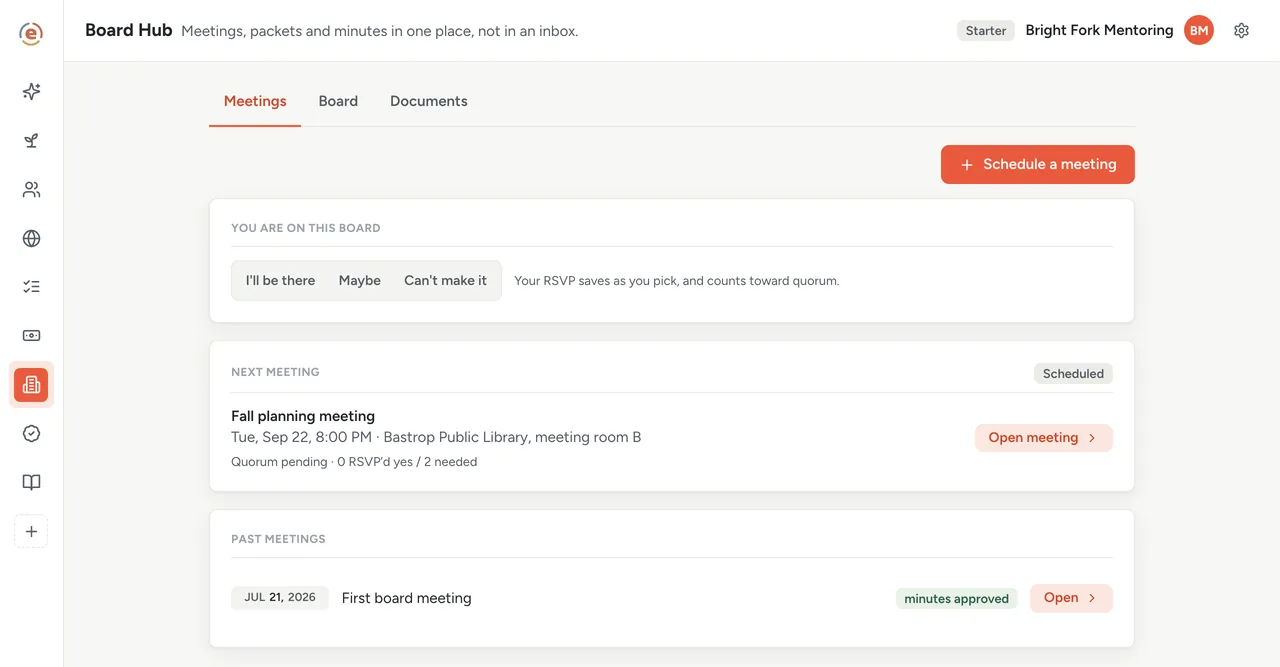 Ember Board Hub's meetings list, showing the first board meeting held with its minutes approved and a second meeting already scheduled