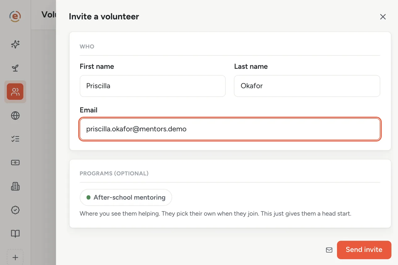 The Invite volunteers sheet in Ember Volunteers with a first name, an email and a program of interest