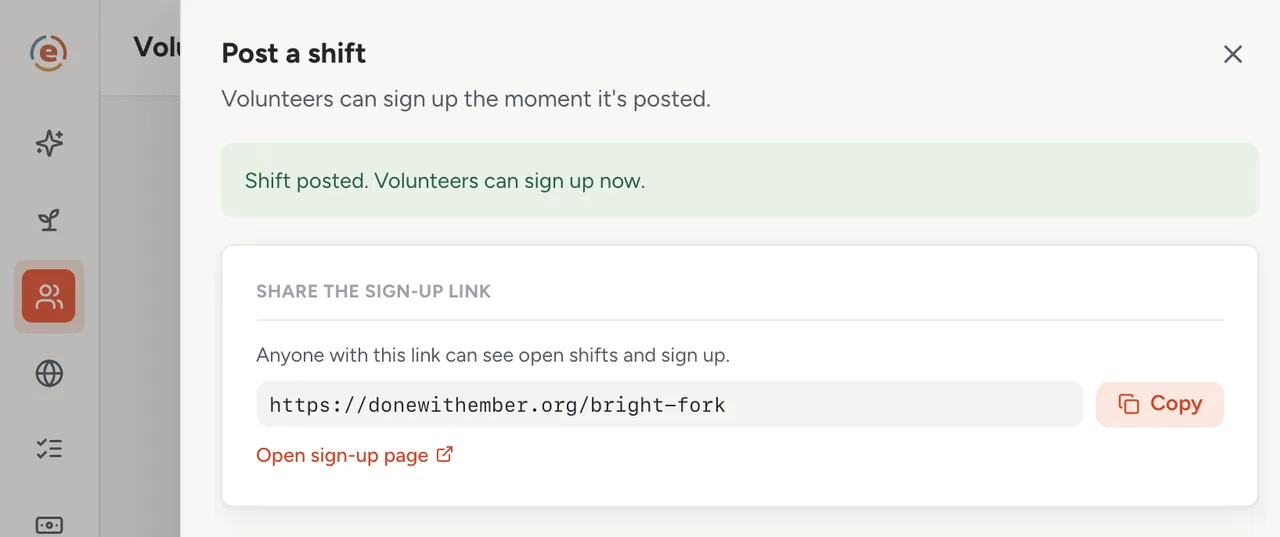 The Post a shift success state in Ember Volunteers showing the public sign-up link with a Copy button