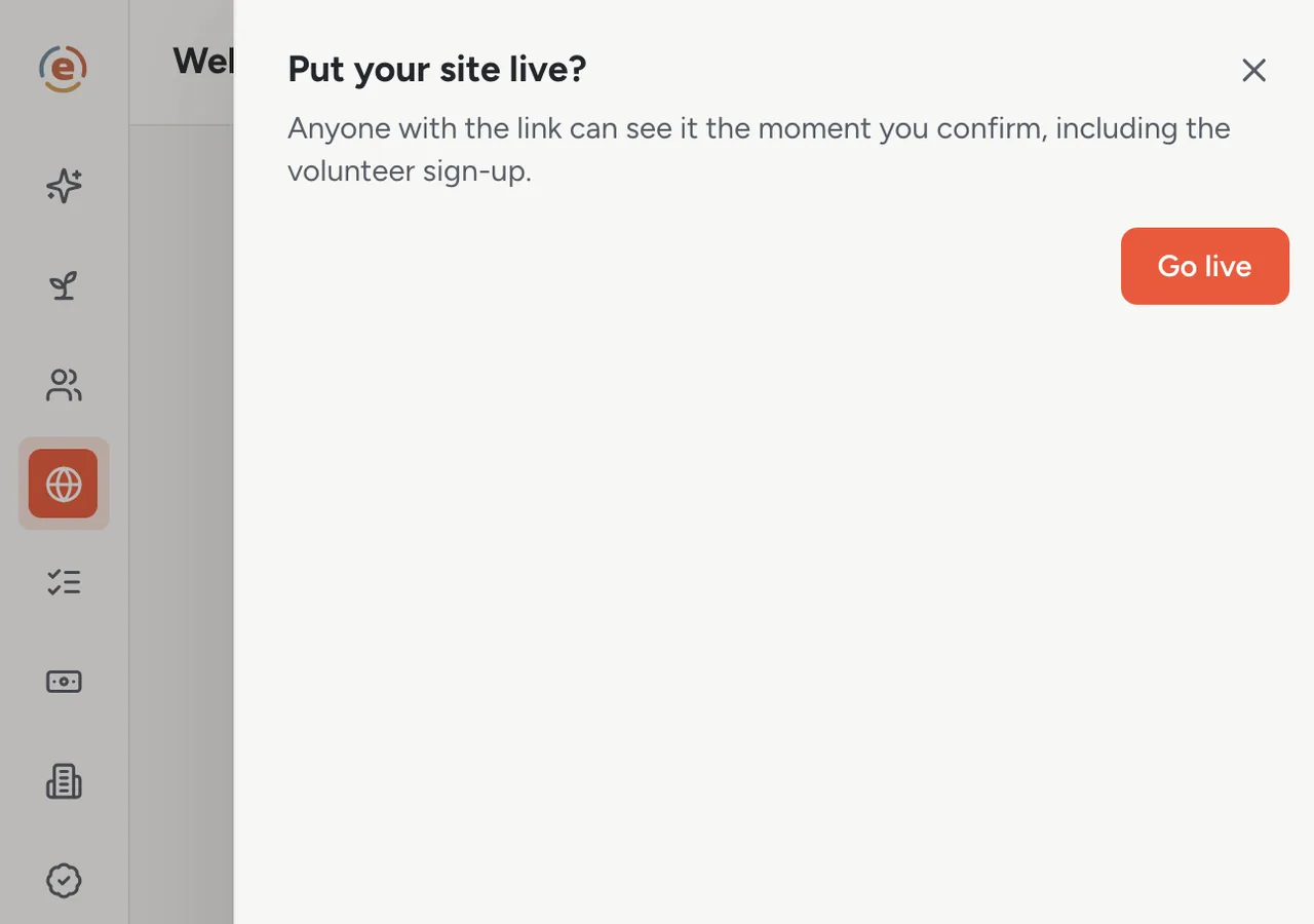 The Put your site live confirm sheet in Ember Web