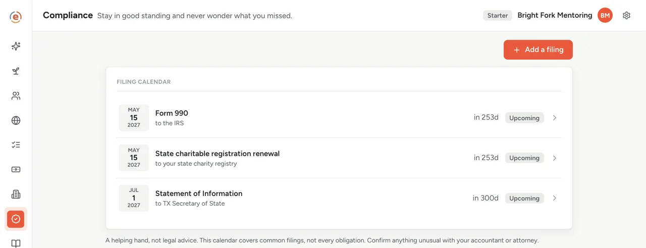 Ember Compliance, the filing calendar seeded from the founding checklist with three upcoming rows