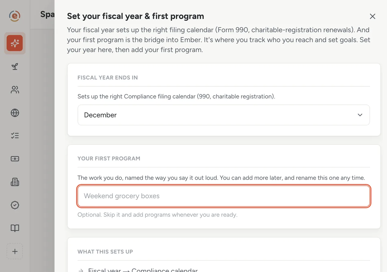 The Set your fiscal year step in Ember Spark with December chosen and the first program name field