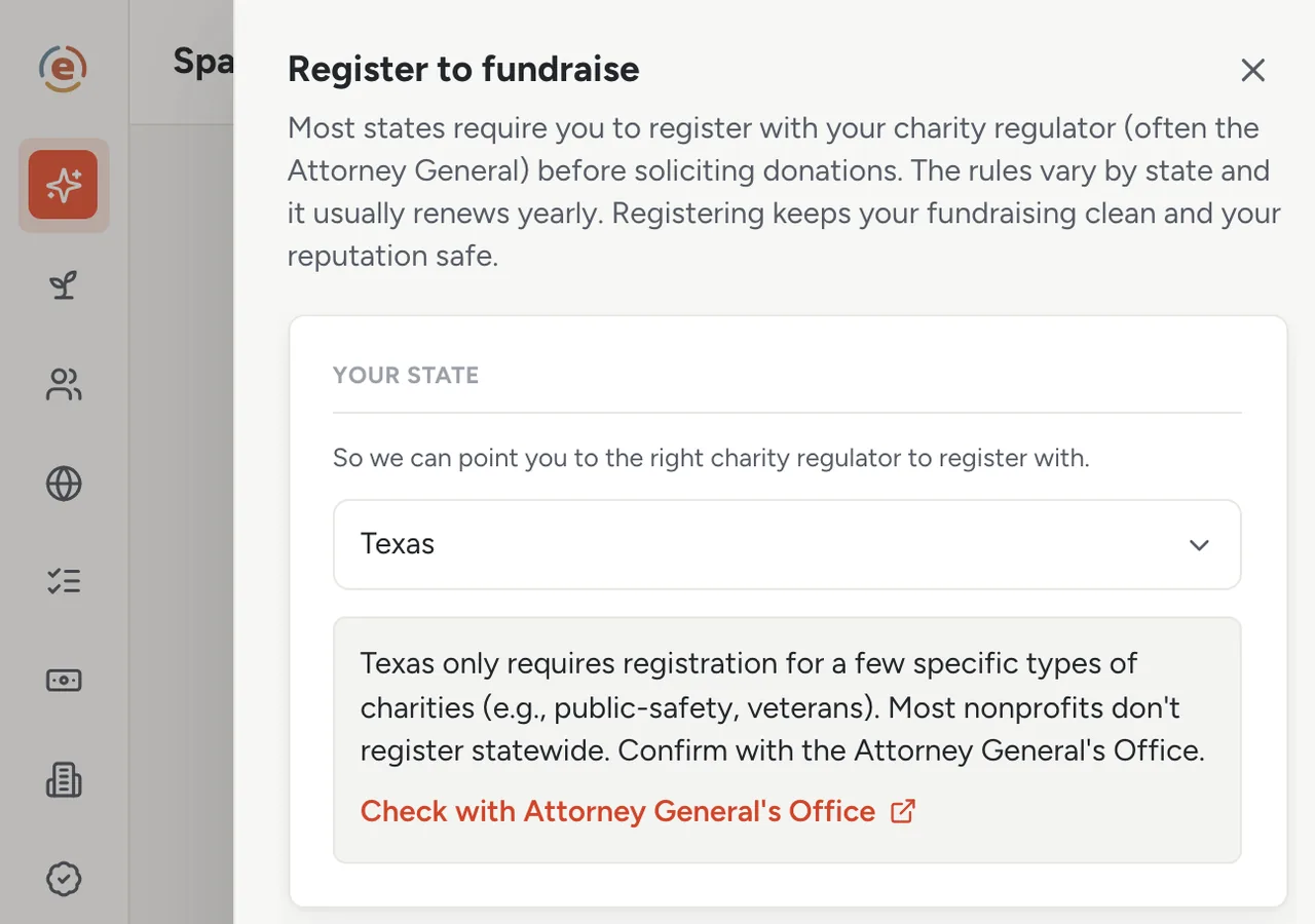 The Register to fundraise step in Ember Spark showing the Texas regulator lookup and its no-general-registration note