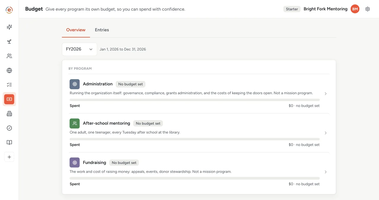 Ember Budget for a first-year org with one program plan, a few gifts recorded and a few costs against it