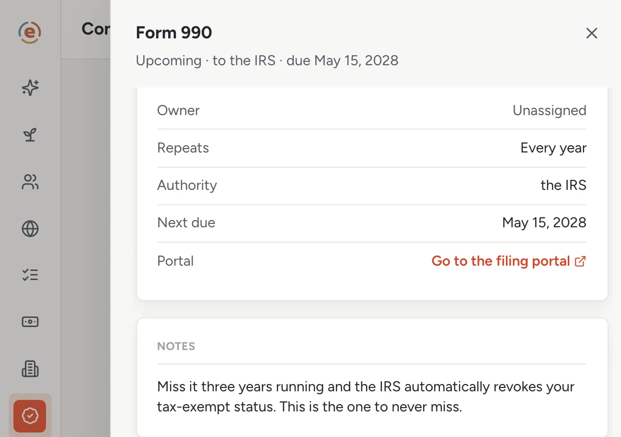 The Form 990 detail in Ember Compliance after recording last year's filing, now reading Upcoming with the date already rolled forward to next year